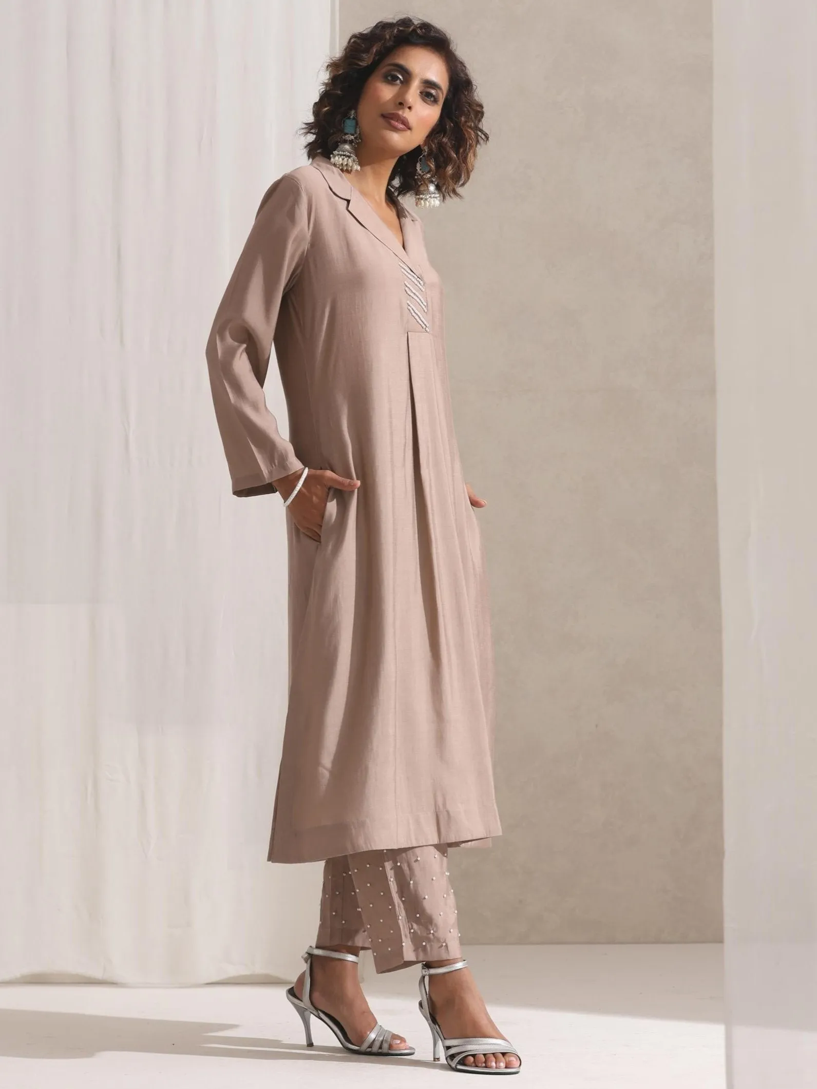 2 pc SET - Fawn Kurta and Pyjama with Pearl Embroidery