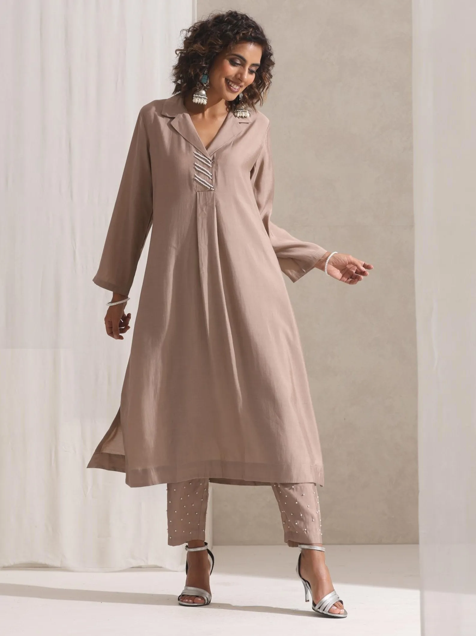 2 pc SET - Fawn Kurta and Pyjama with Pearl Embroidery