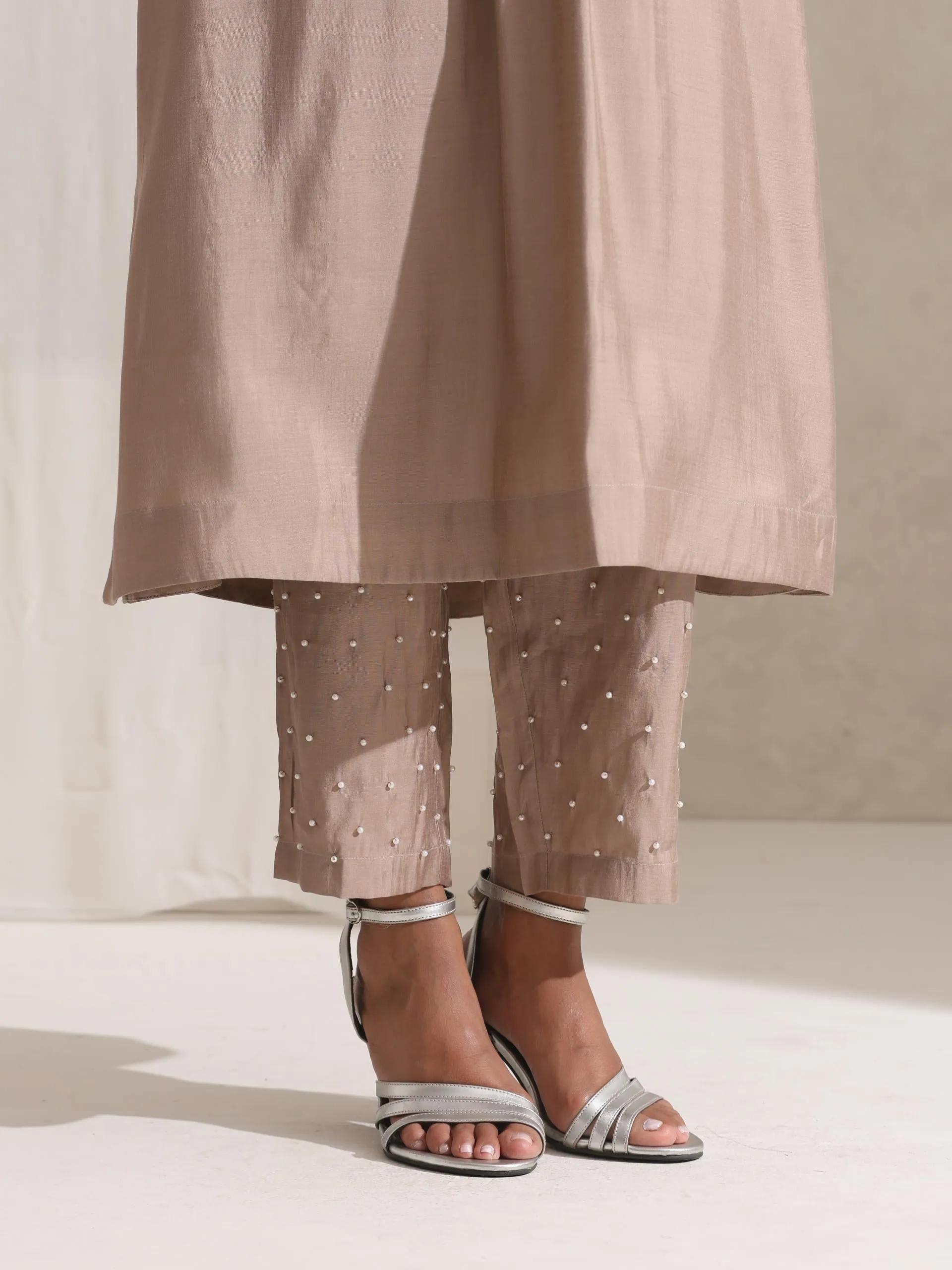 2 pc SET - Fawn Kurta and Pyjama with Pearl Embroidery