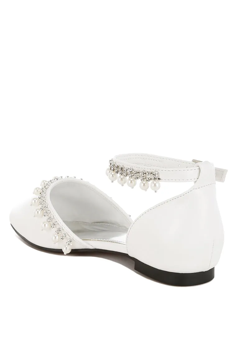 Aouva Rhinestone & Pearl Ankle Strap Flat Sandals