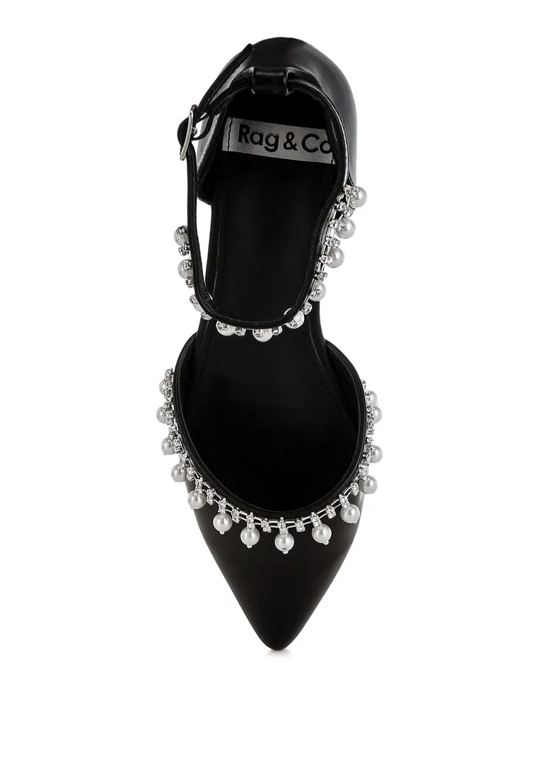 Aouva Rhinestone & Pearl Ankle Strap Flat Sandals