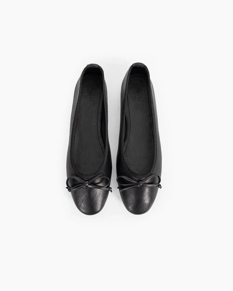 Aurora Leather Round Toe Bow Ballet Flats