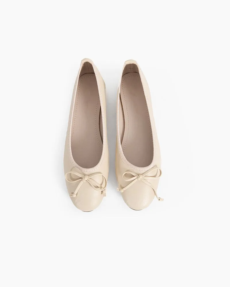 Aurora Leather Round Toe Bow Ballet Flats