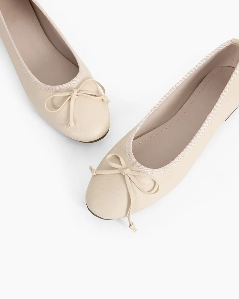 Aurora Leather Round Toe Bow Ballet Flats