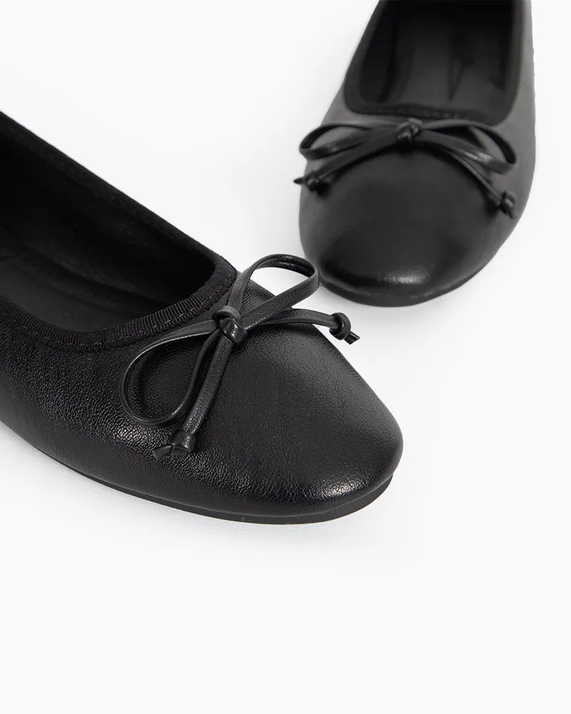 Aurora Leather Round Toe Bow Ballet Flats