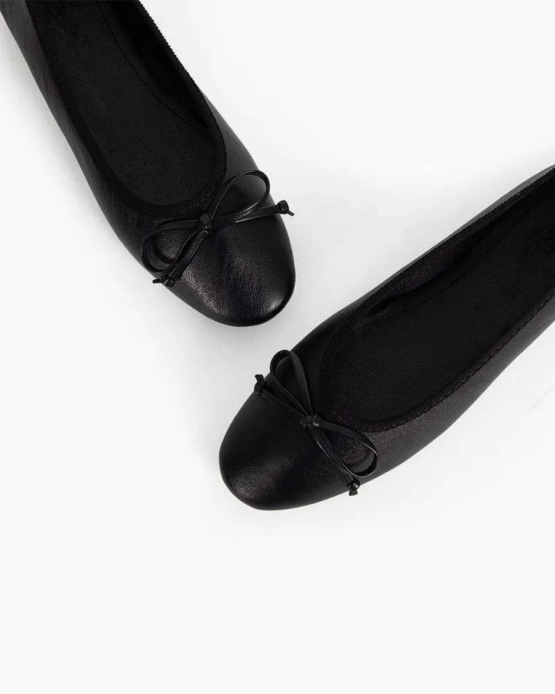 Aurora Leather Round Toe Bow Ballet Flats