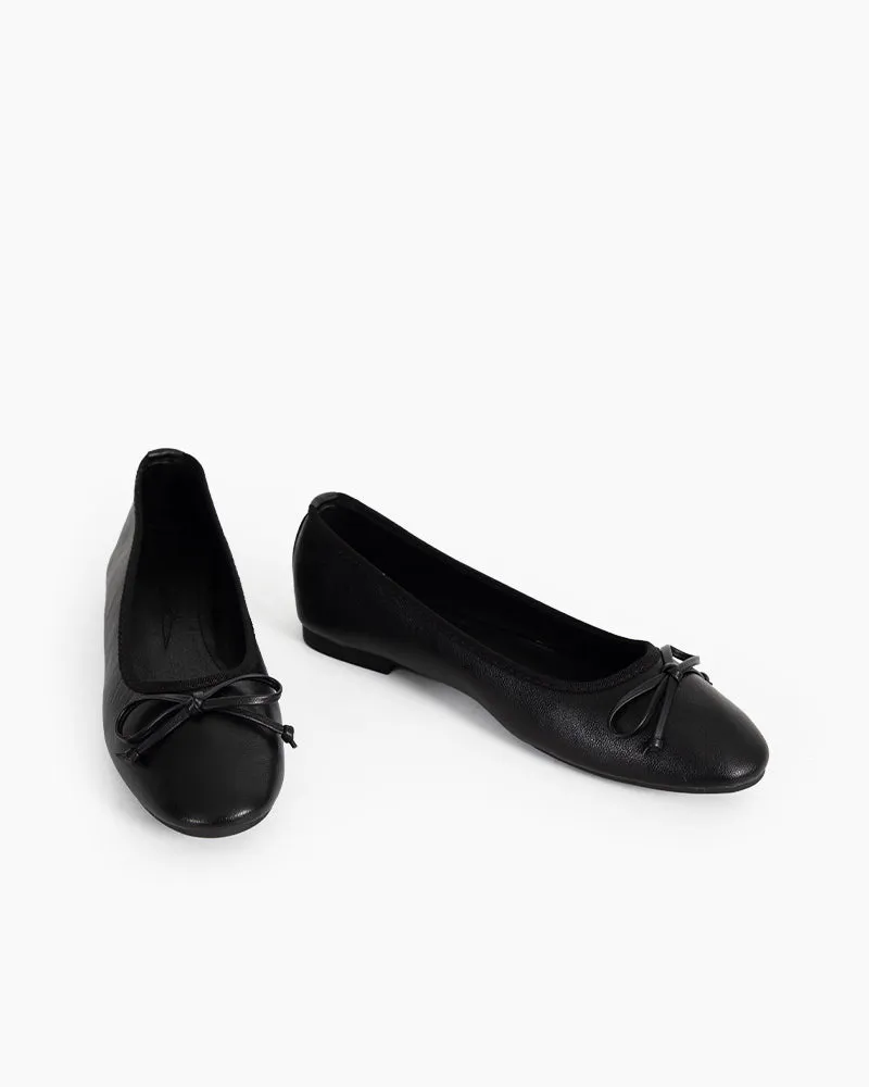 Aurora Leather Round Toe Bow Ballet Flats