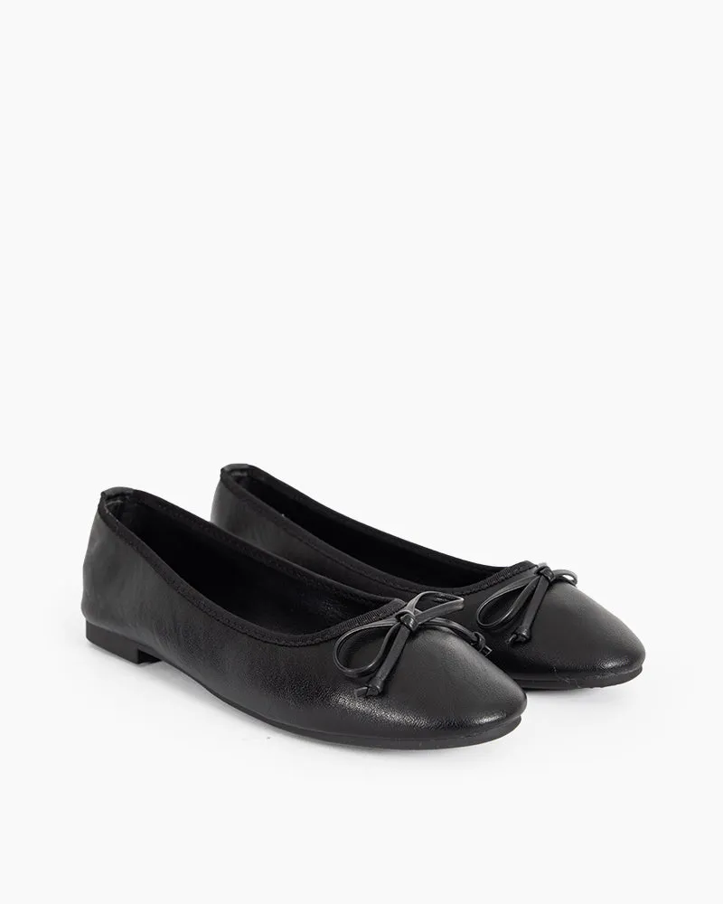 Aurora Leather Round Toe Bow Ballet Flats