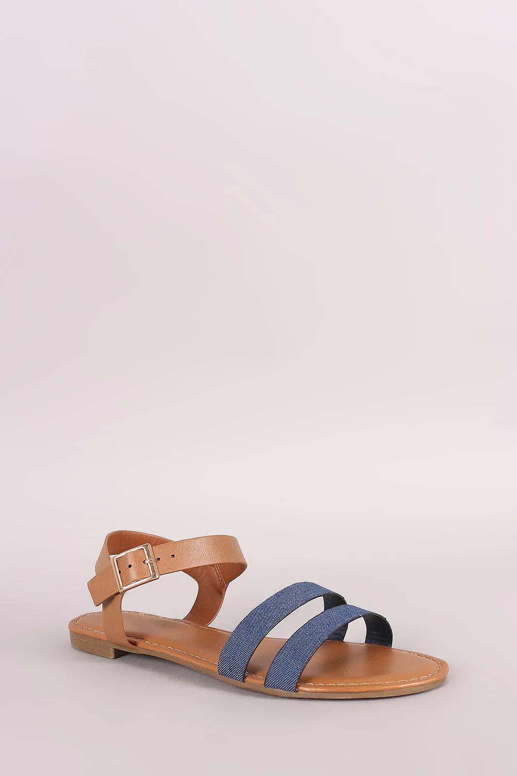 Bamboo Denim Double Band Ankle Strap Flat Sandal