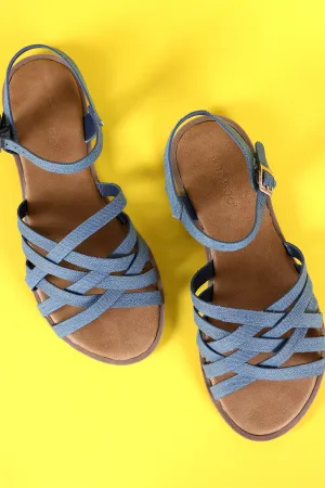 Bamboo Denim Open Toe Weaved Band Flat Sandal