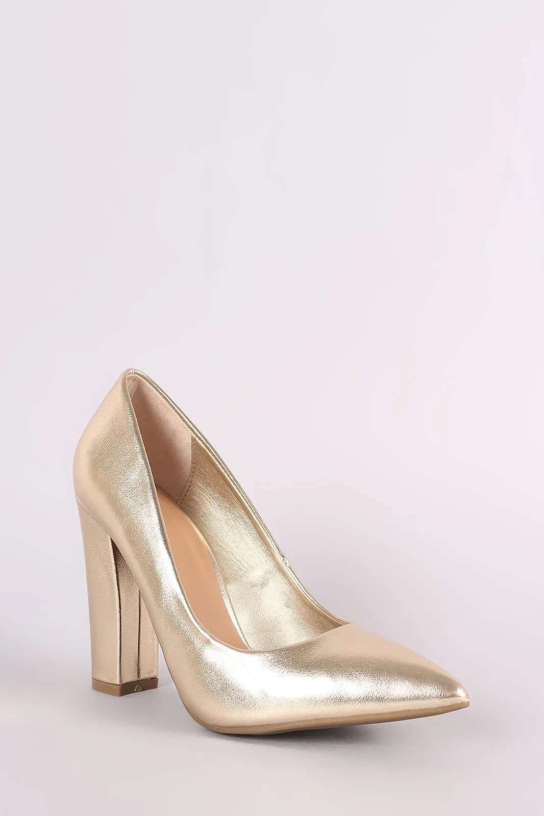 Bamboo Metallic Pointy Toe Chunky Heel Pump