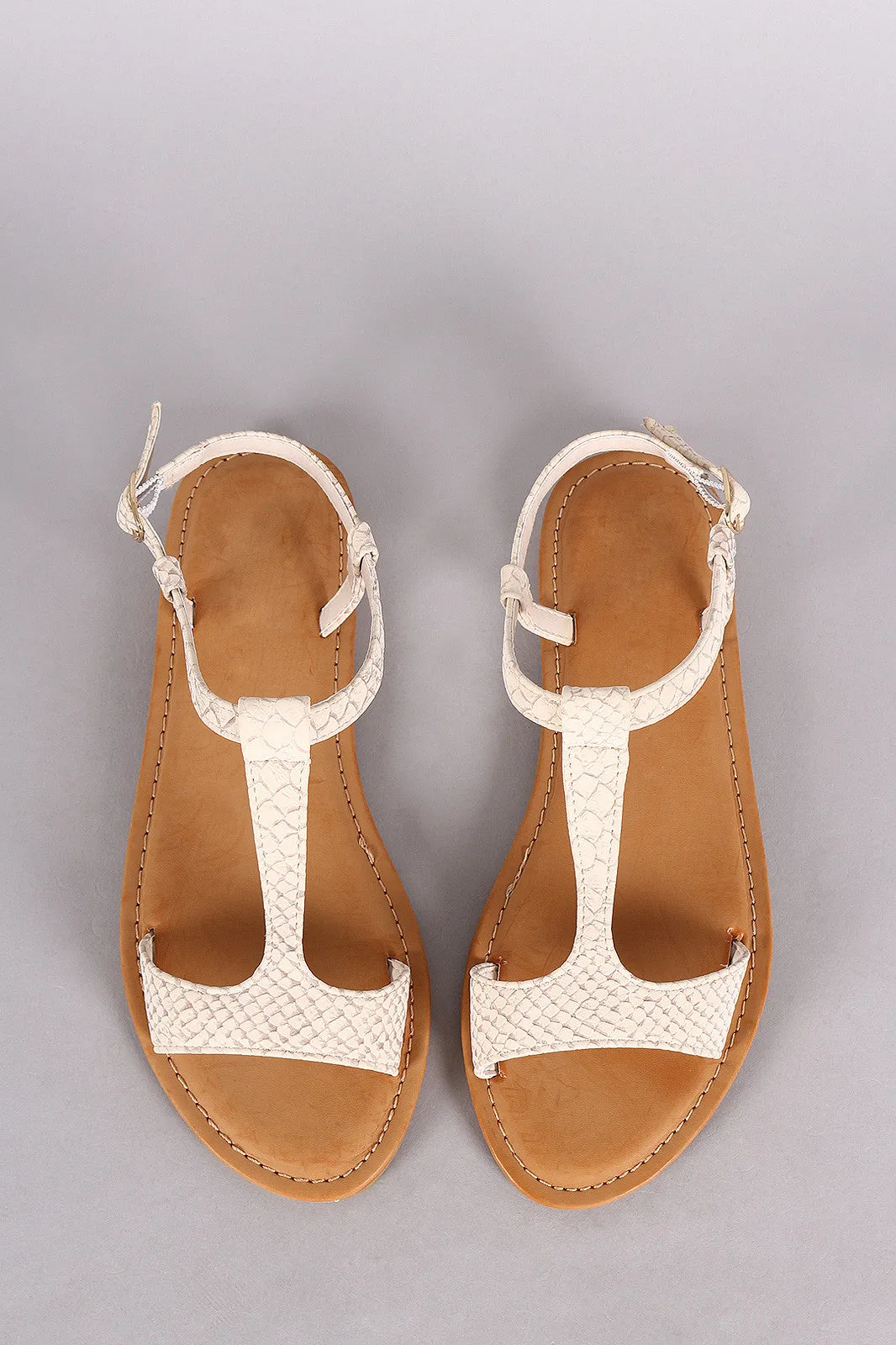 Bamboo Snake Embossed T-Strap Open Toe Flat Sandal