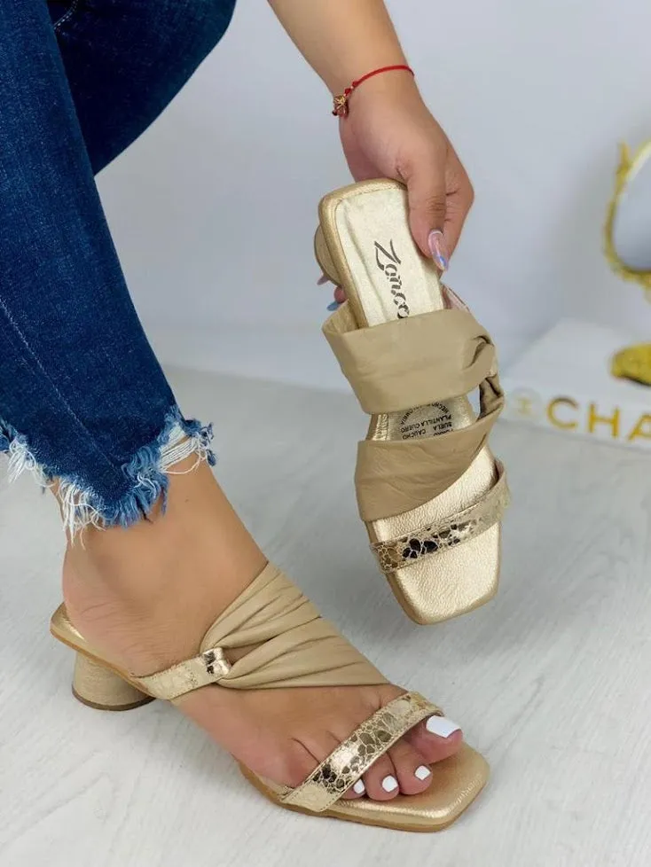 Beige Heeled Sandals, Snake Strap Accent