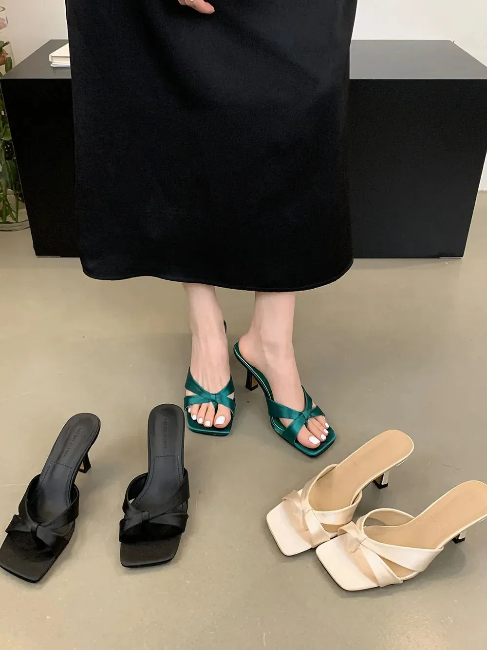 binfenxie  -  Fashion Women Sandals Slides Slippers Summer Outside Mules Shoes Thin High Heels Party Pumps Shoes Woman Green Black Beige 35-40