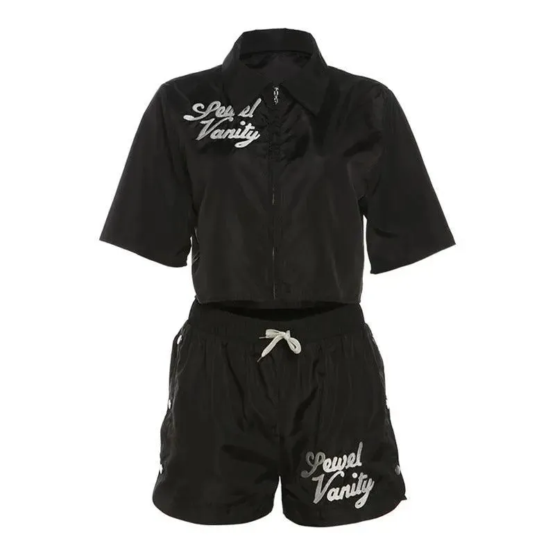 Black Jewel Vanity Zip-Up Top & Shorts Set