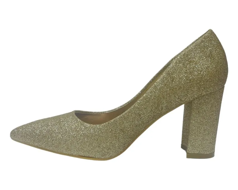 Block Heel Glitter Court Shoes