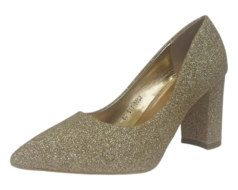 Block Heel Glitter Court Shoes