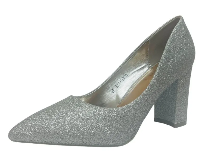 Block Heel Glitter Court Shoes