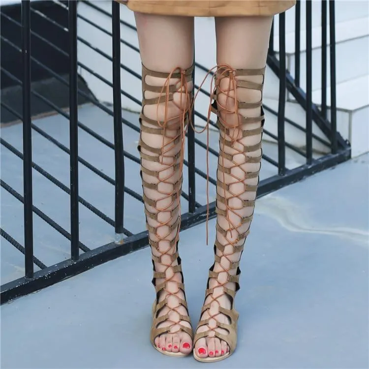 Brown Lace-Up Knee High Gladiator Sandals