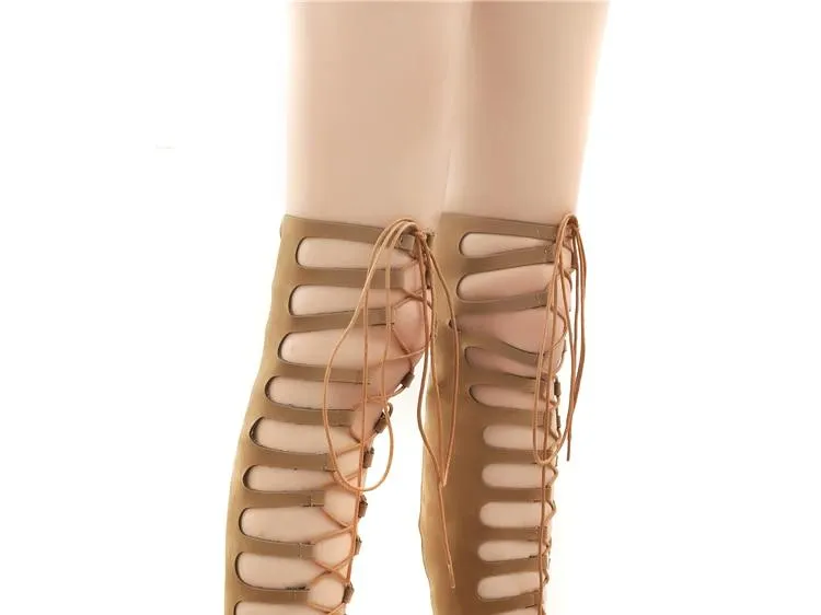 Brown Lace-Up Knee High Gladiator Sandals