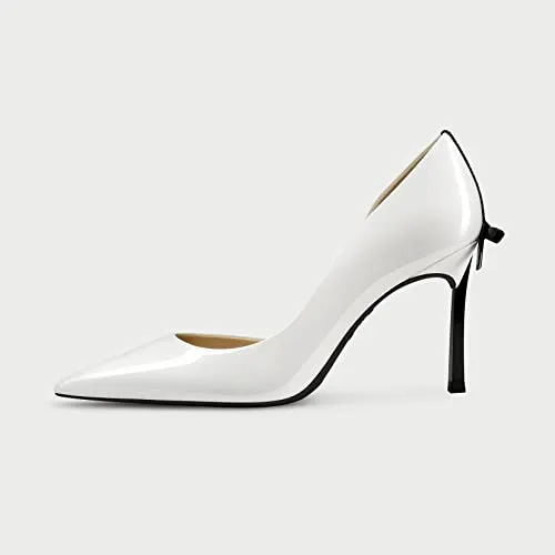 Castamere Women High Stiletto Heel Pointed Toe Pumps Slip-on Bow-Knot Wedding Sexy Dress 3.3 Inches Heels White Patent