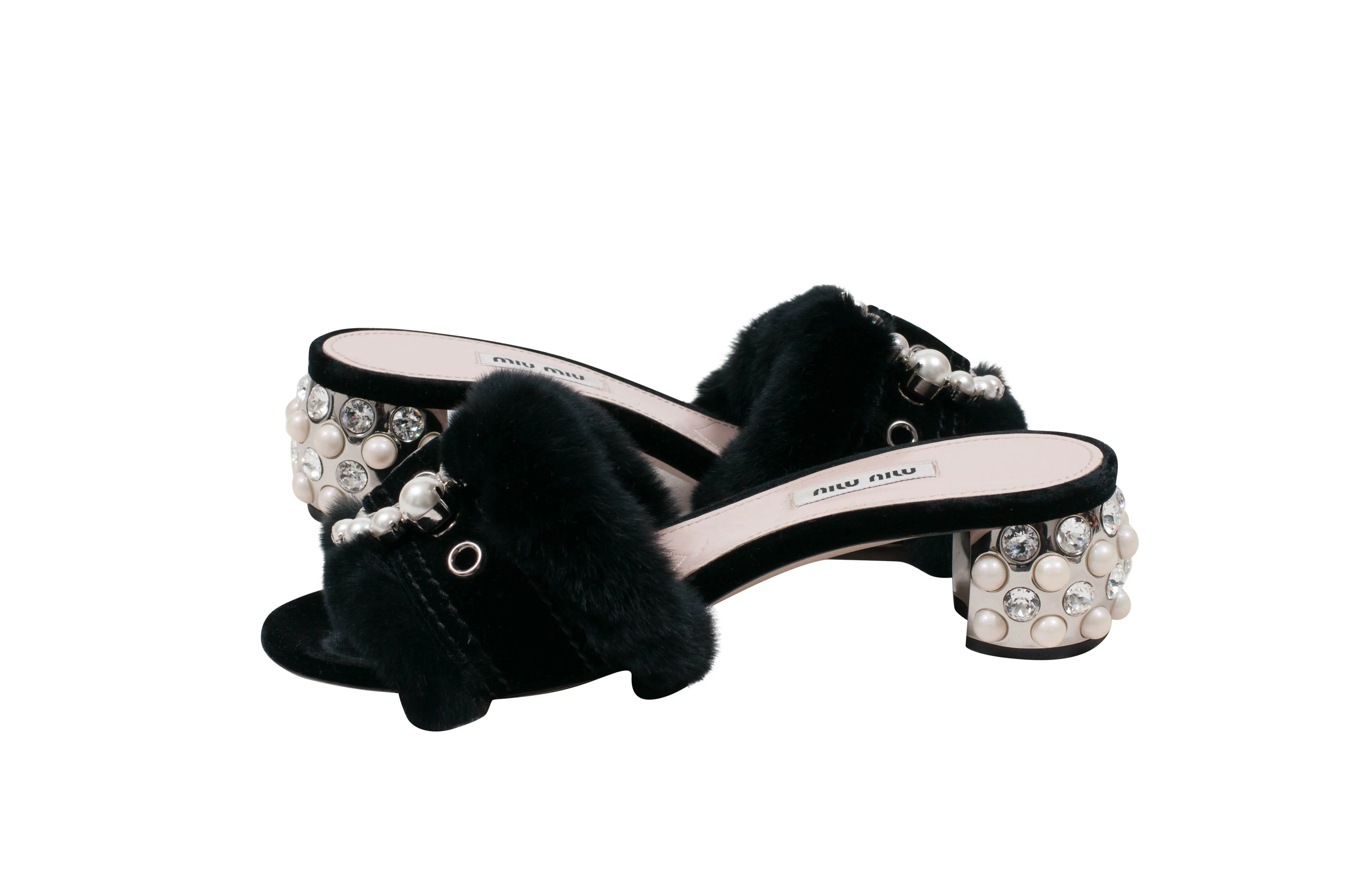 Crystal Embellished Satin And Rabbit Fur Slide Mules