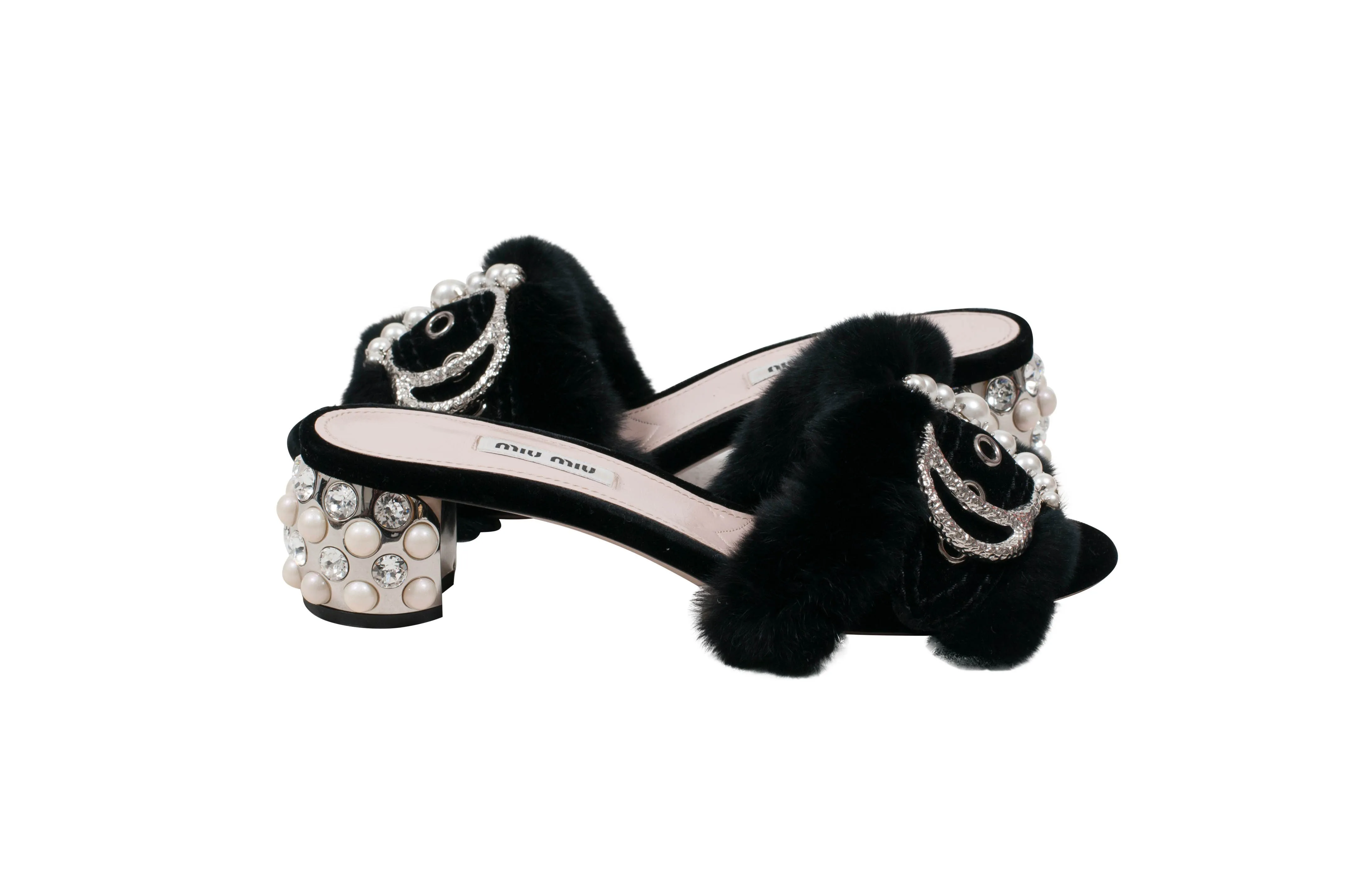 Crystal Embellished Satin And Rabbit Fur Slide Mules