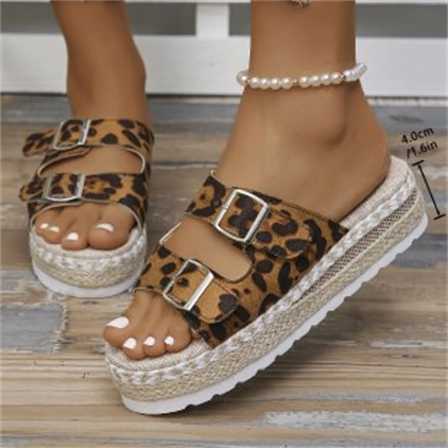 Double Buckle Leopard Print Flat Sandals