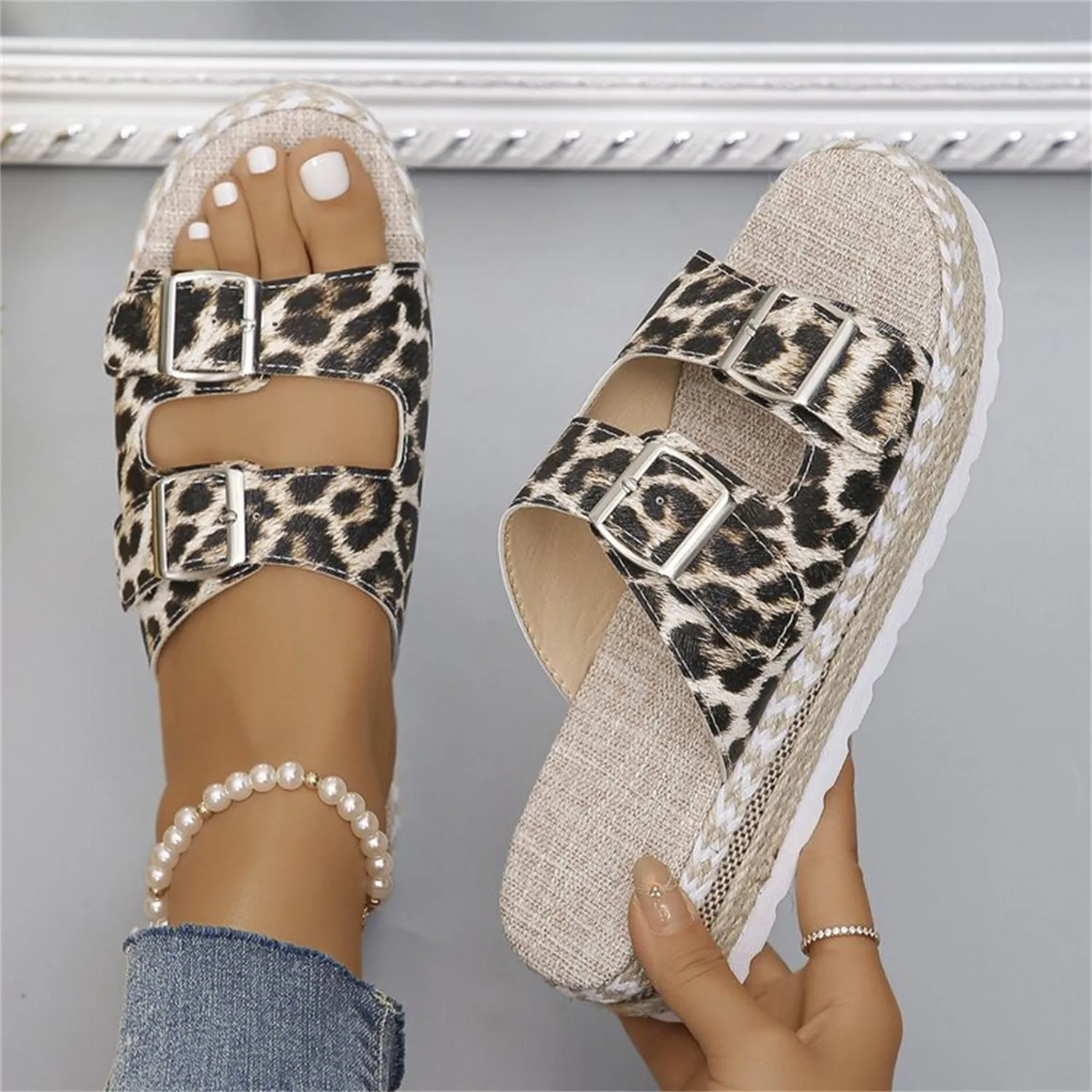 Double Buckle Leopard Print Flat Sandals