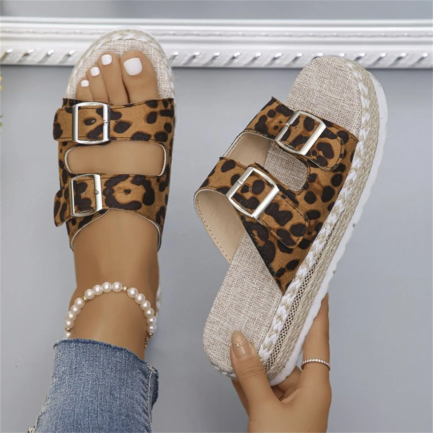 Double Buckle Leopard Print Flat Sandals