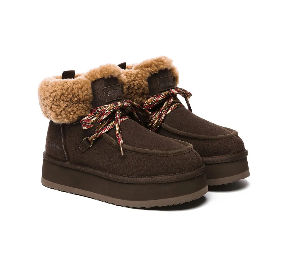 EVERAU® UGG Boots Women Sheepskin Wool Lace Up Ankle Platform Honour