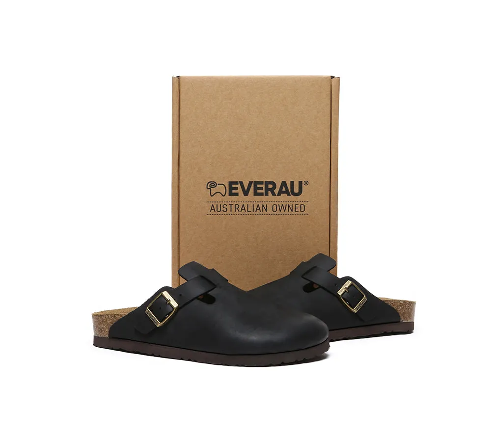 EVERAU® Women Leather Adjustable Buckled Straps Slip-on Flat Sandal Slides Brooklyn