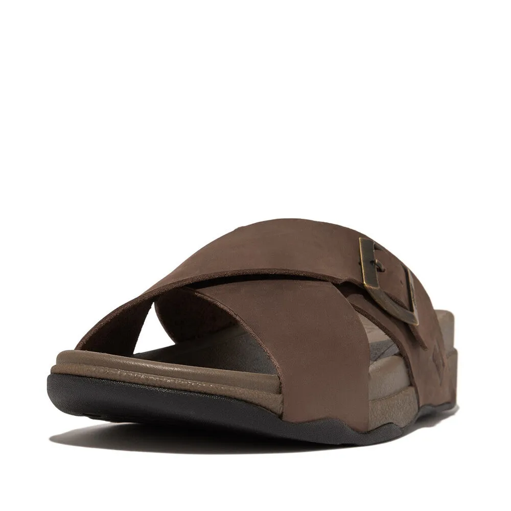 FitFlop Surfer Buckle Nubuck Mens Cross Slides Chocolate Brown