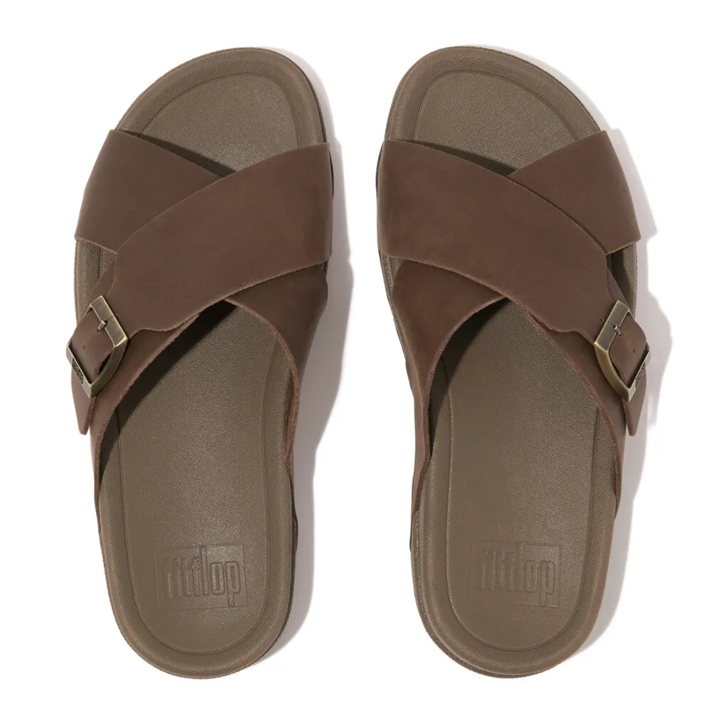 FitFlop Surfer Buckle Nubuck Mens Cross Slides Chocolate Brown