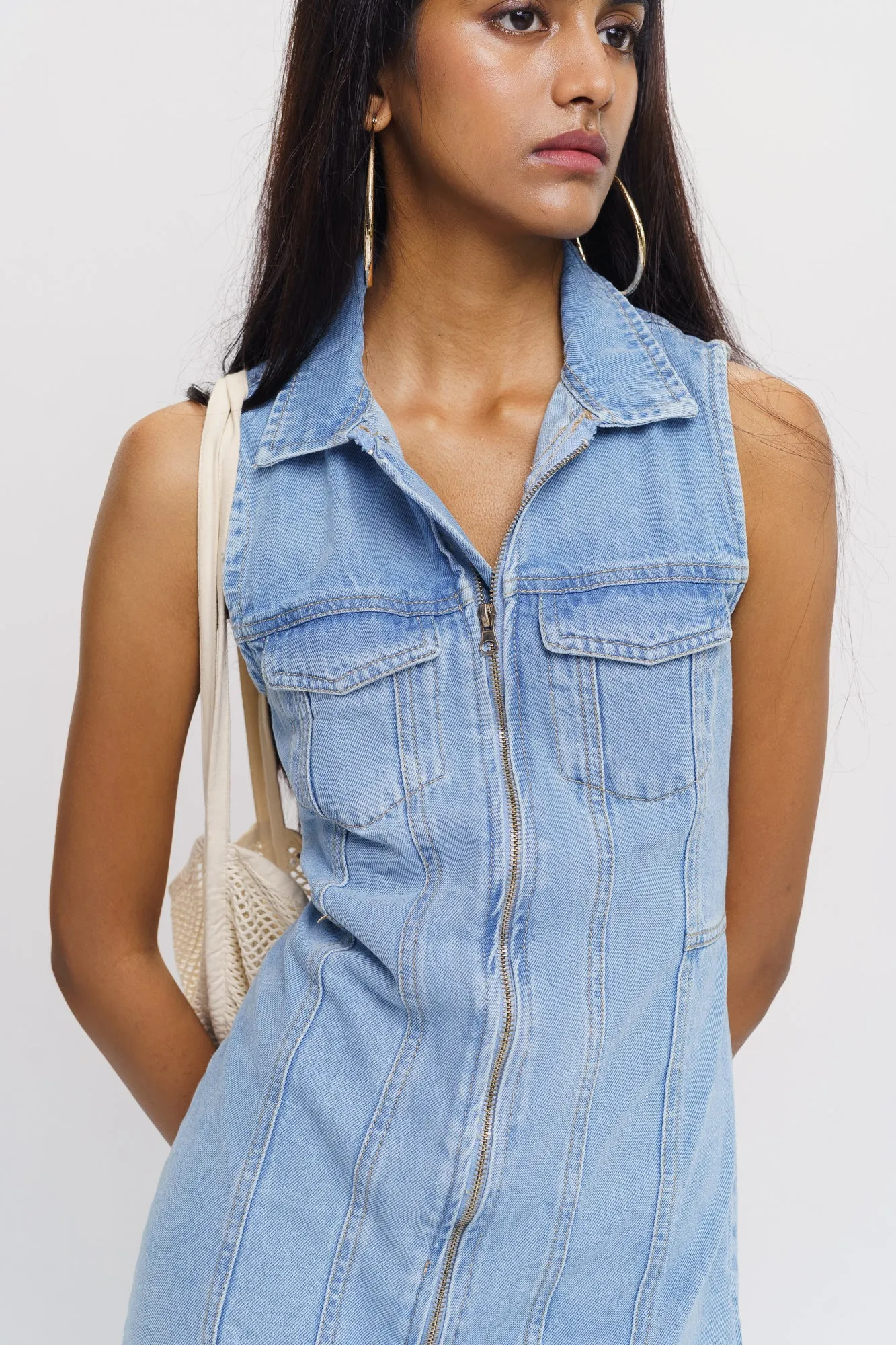 Front Zip Light Denim Dress