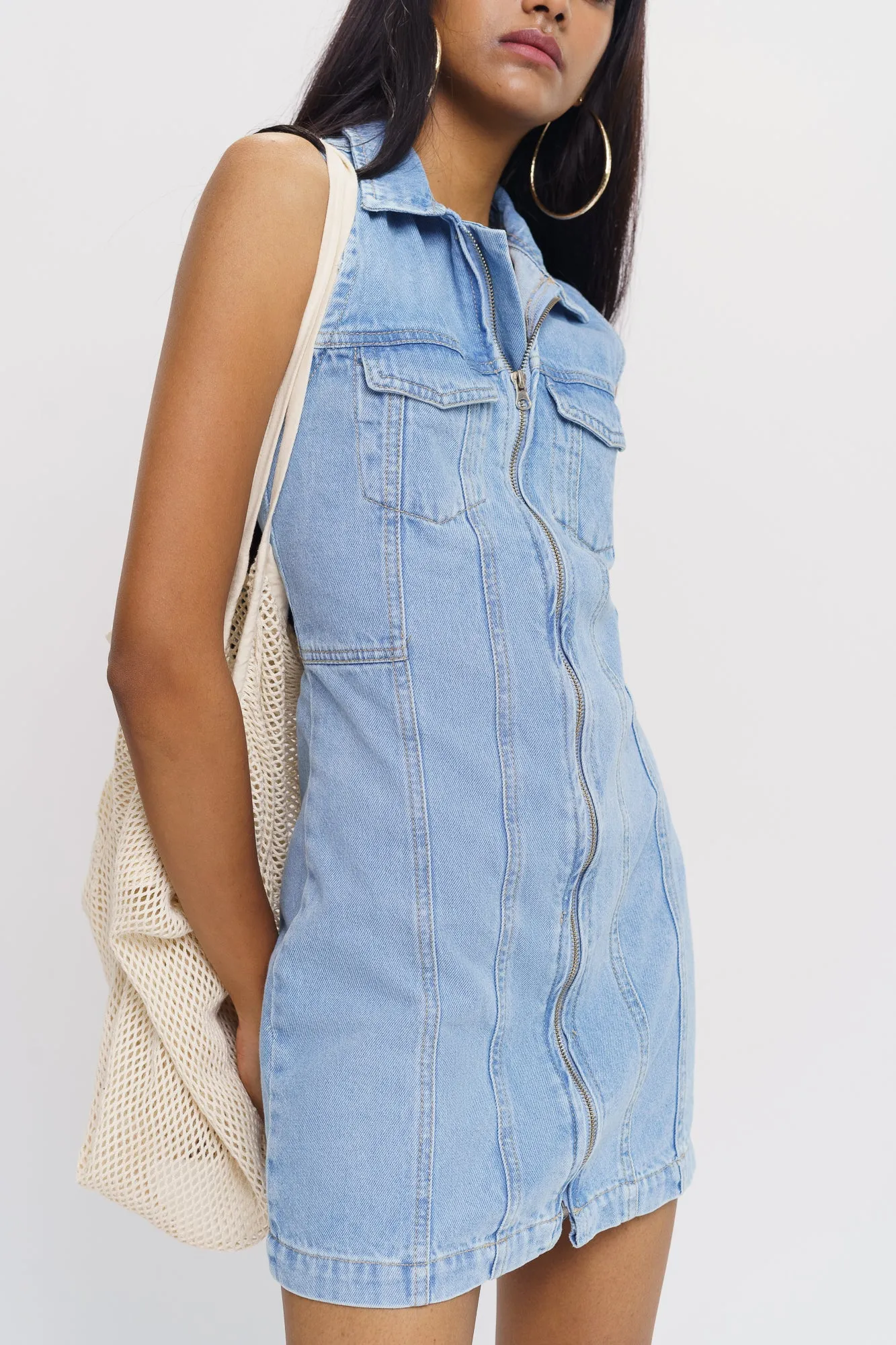 Front Zip Light Denim Dress