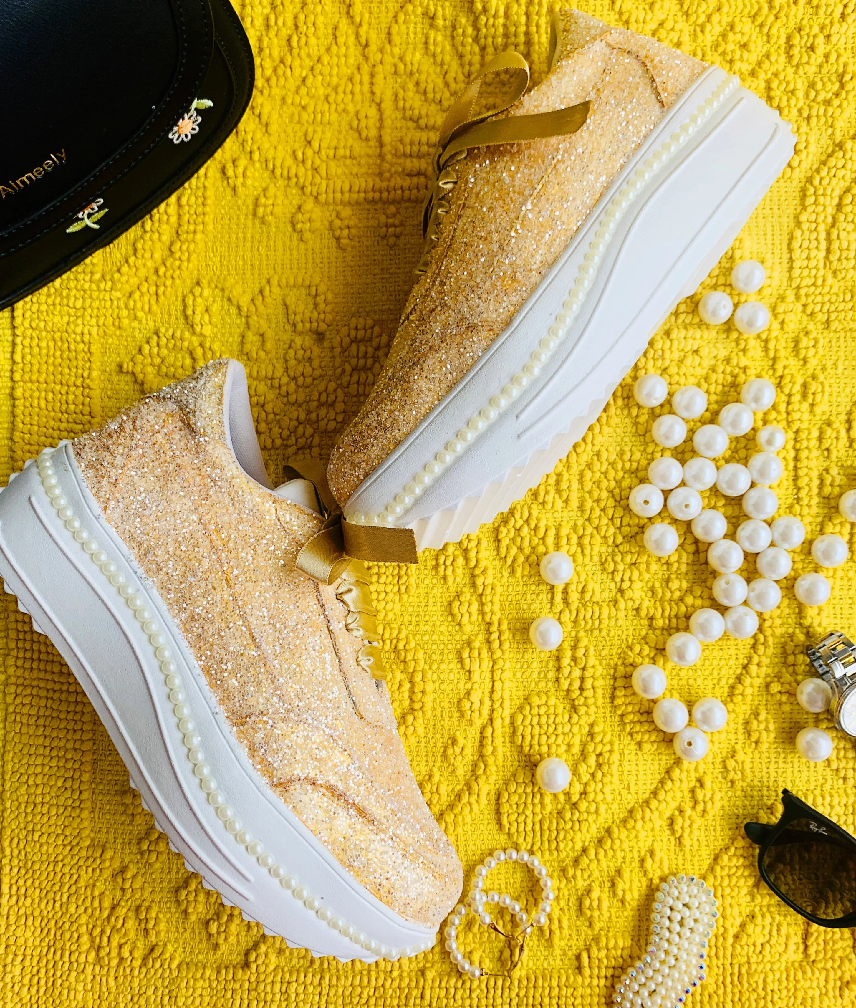 FUNKY N TRENDY dull gold glitter heeled sneakers with pearl detailing for brides /bridesmaids / sneakers for bridesmaids/ handcrafted sneakers/ glitter sneakers / bridal sneakers / bridesmaid sneakers/ gold sneakers / golden shoes