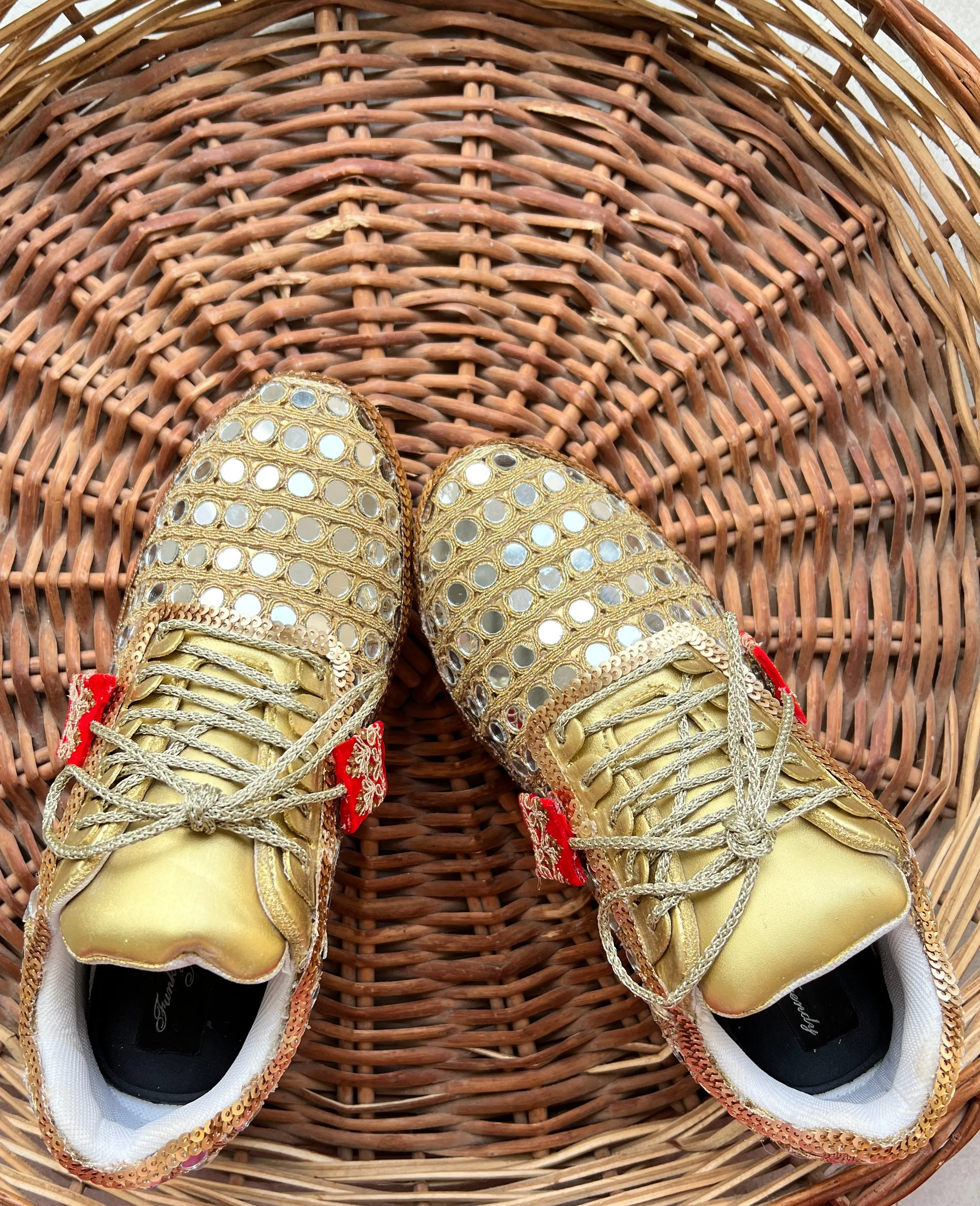 FUNKY N TRENDY gold mirror heeled sneakers for brides /bridesmaids / sneakers for bridesmaids/ handcrafted sneakers/ mirror sneakers / bridal sneakers / bridesmaid sneakers/ gold sneakers / mirror shoes/ red and gold sneakers