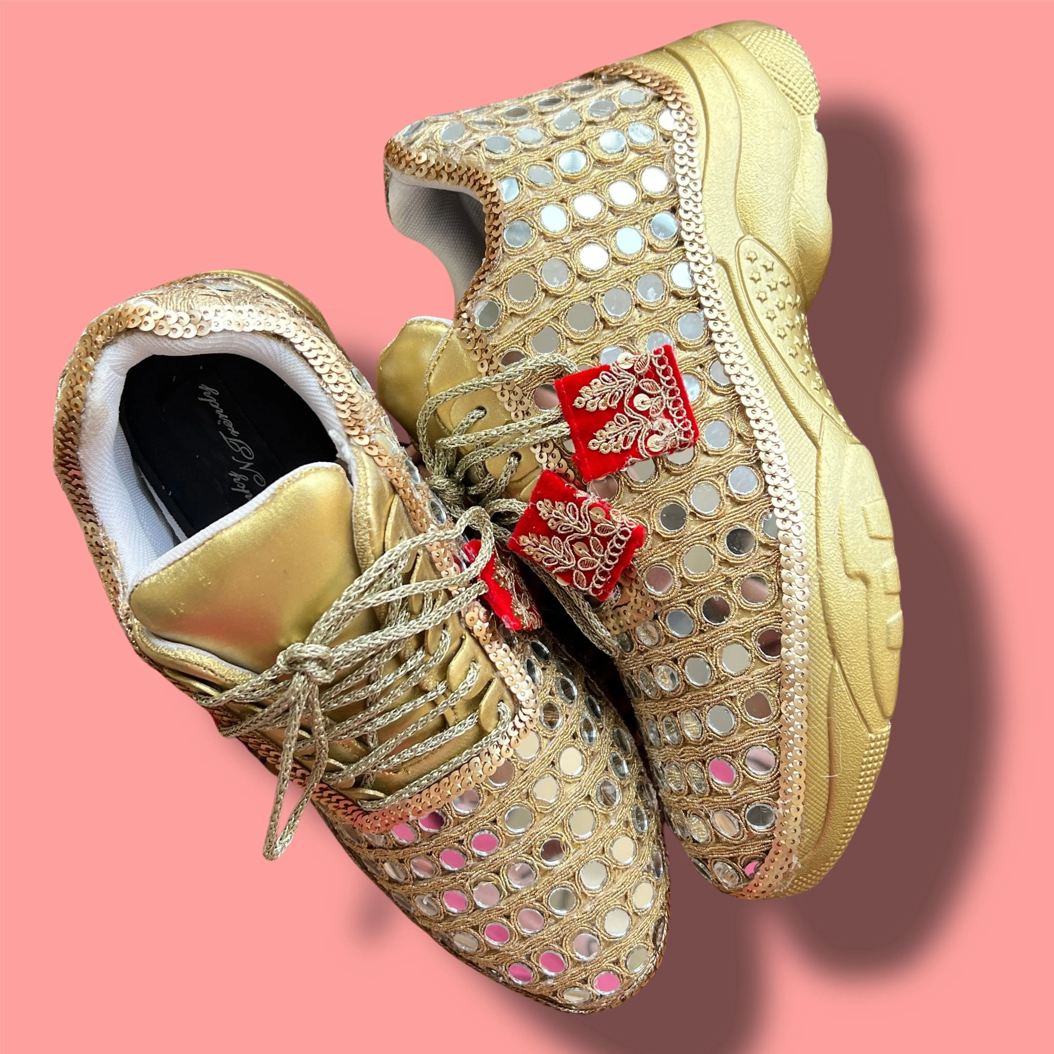 FUNKY N TRENDY gold mirror heeled sneakers for brides /bridesmaids / sneakers for bridesmaids/ handcrafted sneakers/ mirror sneakers / bridal sneakers / bridesmaid sneakers/ gold sneakers / mirror shoes/ red and gold sneakers