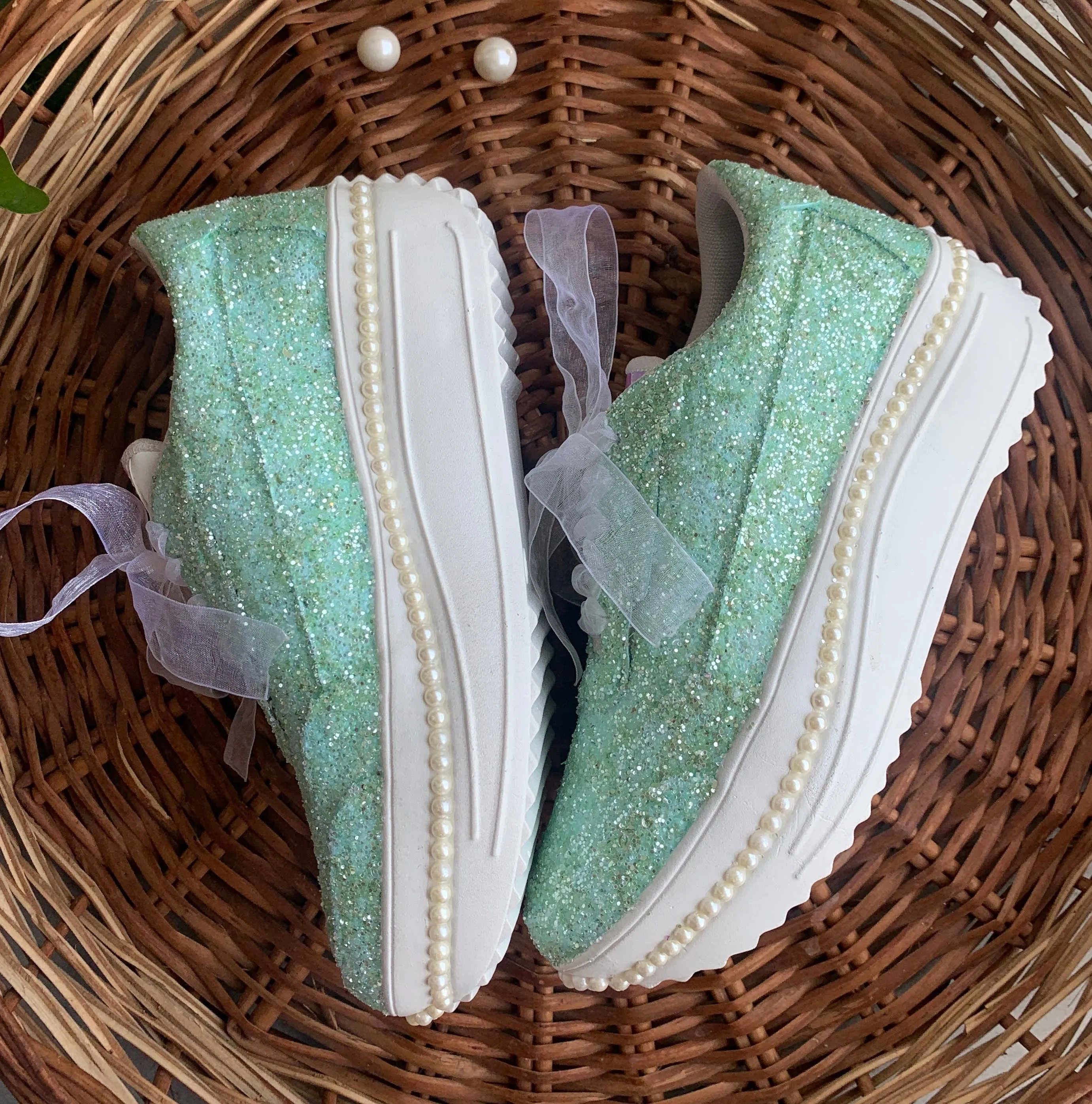 FUNKY N TRENDY green glitter heeled sneakers with pearl detailing for brides /bridesmaids / sneakers for bridesmaids/ handcrafted sneakers/ glitter sneakers / bridal sneakers / bridesmaid sneakers/ sea green sneakers / green shoes