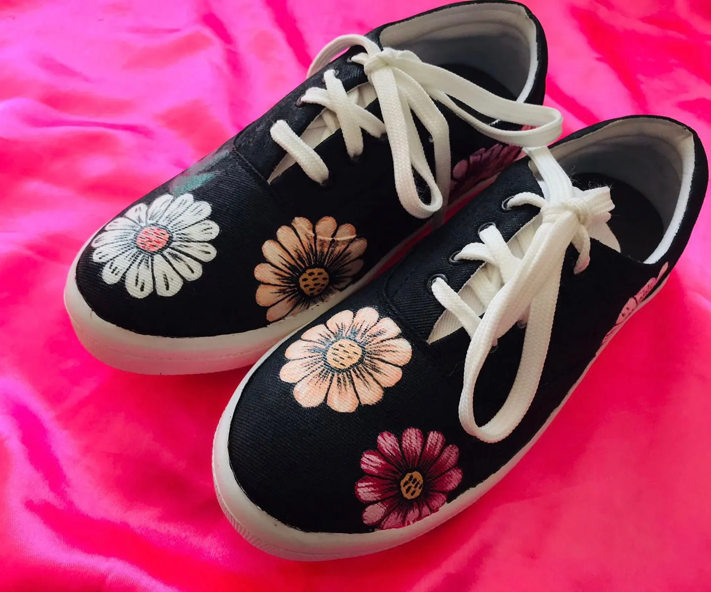 Funky N Trendy hand painted water resistant Daisy floral theme black sneakers