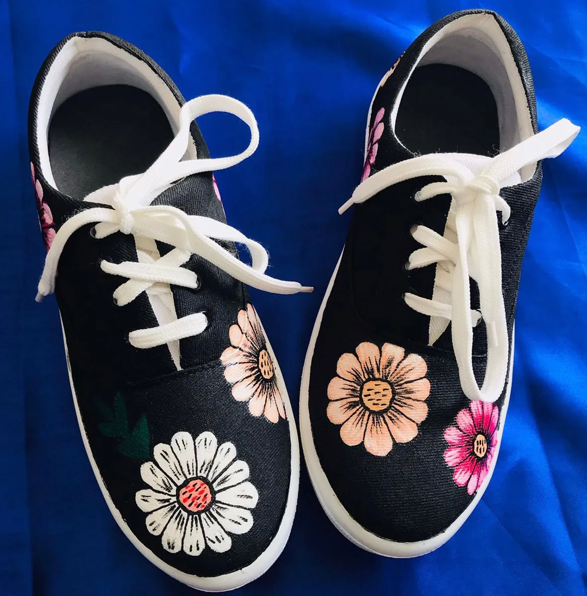 Funky N Trendy hand painted water resistant Daisy floral theme black sneakers