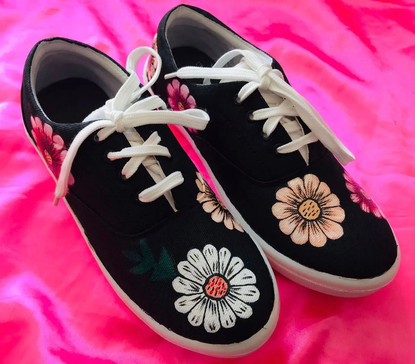 Funky N Trendy hand painted water resistant Daisy floral theme black sneakers