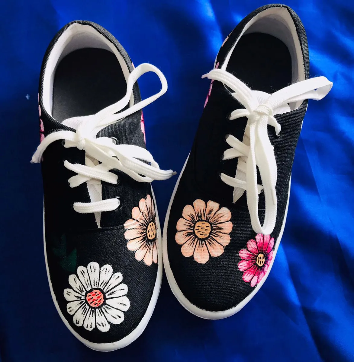 Funky N Trendy hand painted water resistant Daisy floral theme black sneakers