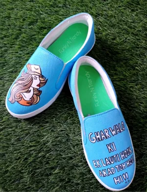 Funky N Trendy hand painted water resistant Quirky quote blue shoes/ handpainted shoes/ women shoes / funky shoes