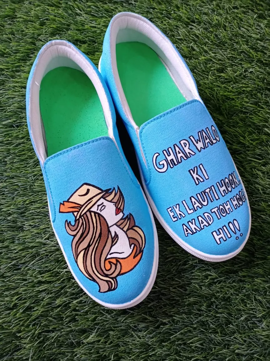 Funky N Trendy hand painted water resistant Quirky quote blue shoes/ handpainted shoes/ women shoes / funky shoes