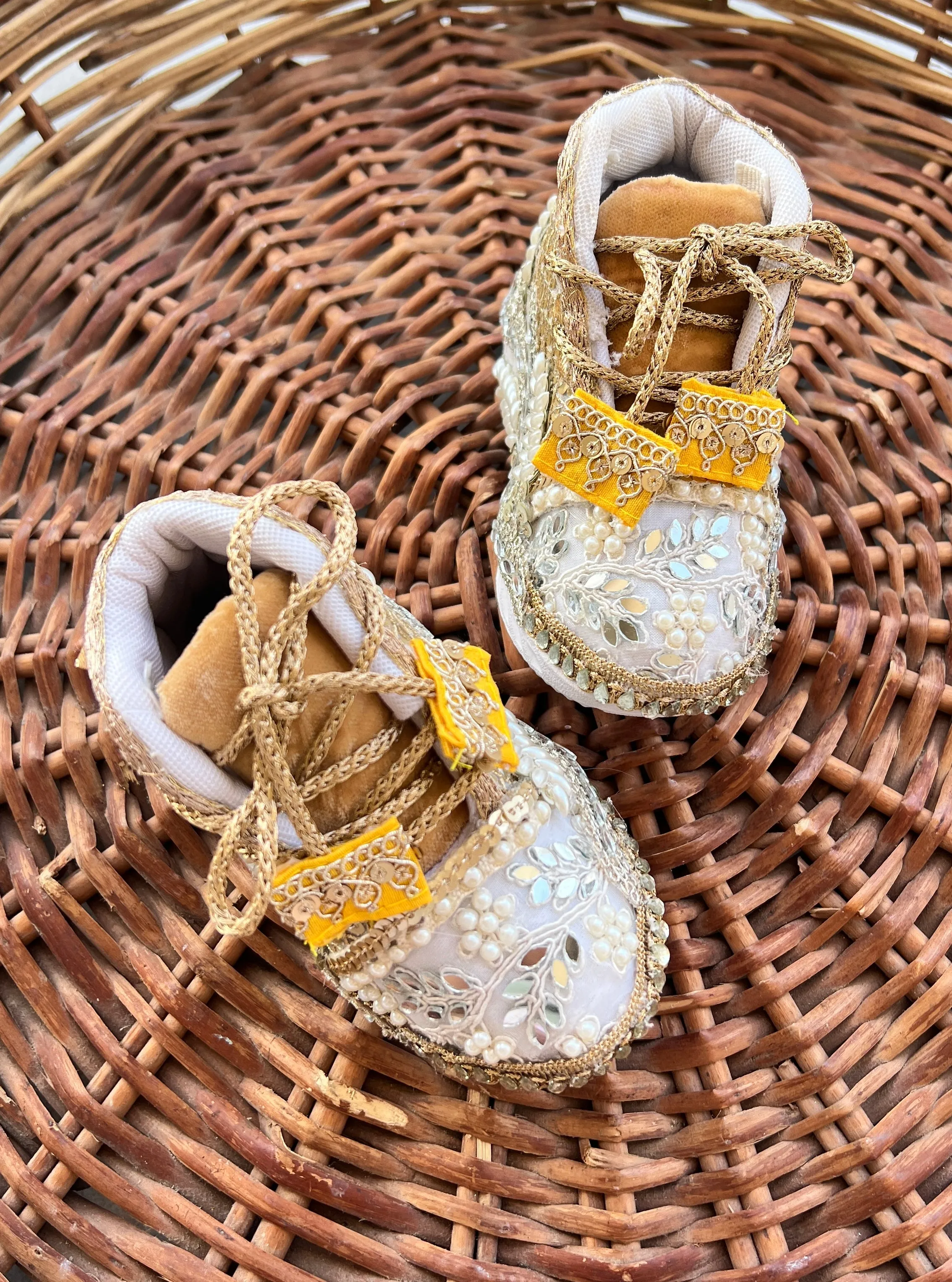 Funky N Trendy ivory gold sneakers with pearl and mirror detailing/kids sneakers/ gold shoes / kids shoes/ golden sneakers / golden shoes for kids/handmade sneakers for kids