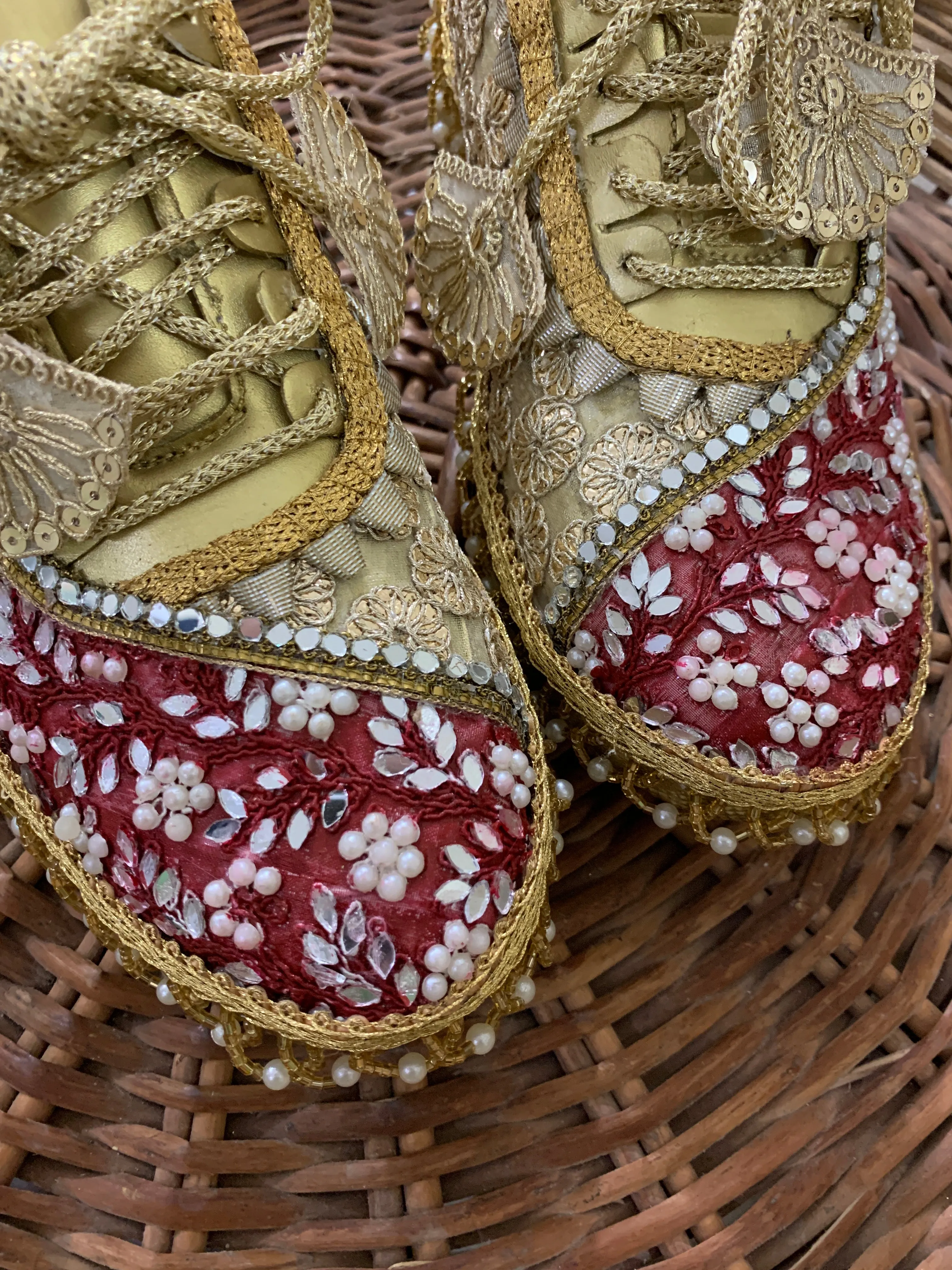 Funky N Trendy Maroon & Gold embroidery work bridal sneakers/ bridesmaid sneaker / golden sneakers/ Maroon sneakers / gold shoes / embroidery bridal sneakers