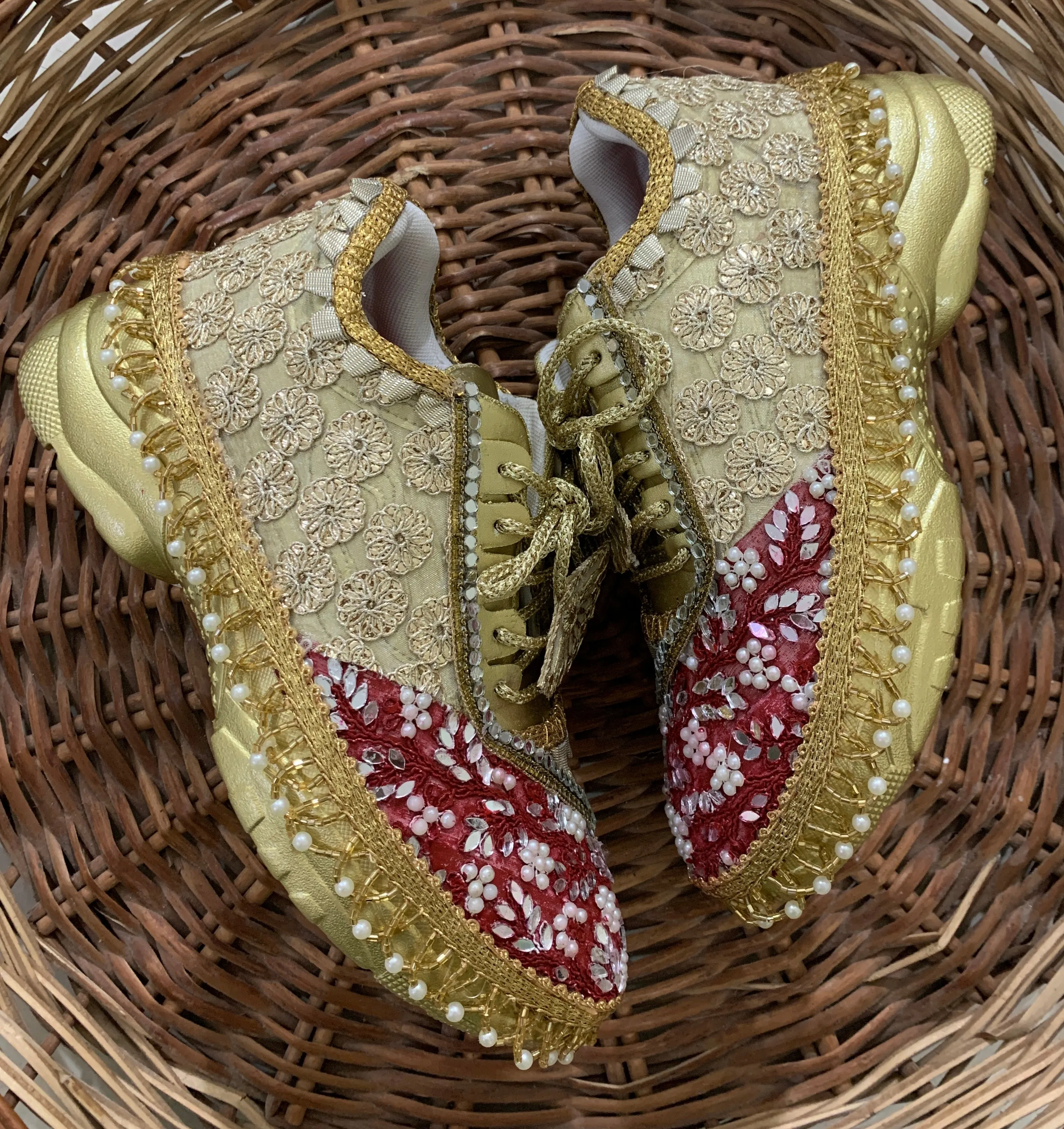 Funky N Trendy Maroon & Gold embroidery work bridal sneakers/ bridesmaid sneaker / golden sneakers/ Maroon sneakers / gold shoes / embroidery bridal sneakers