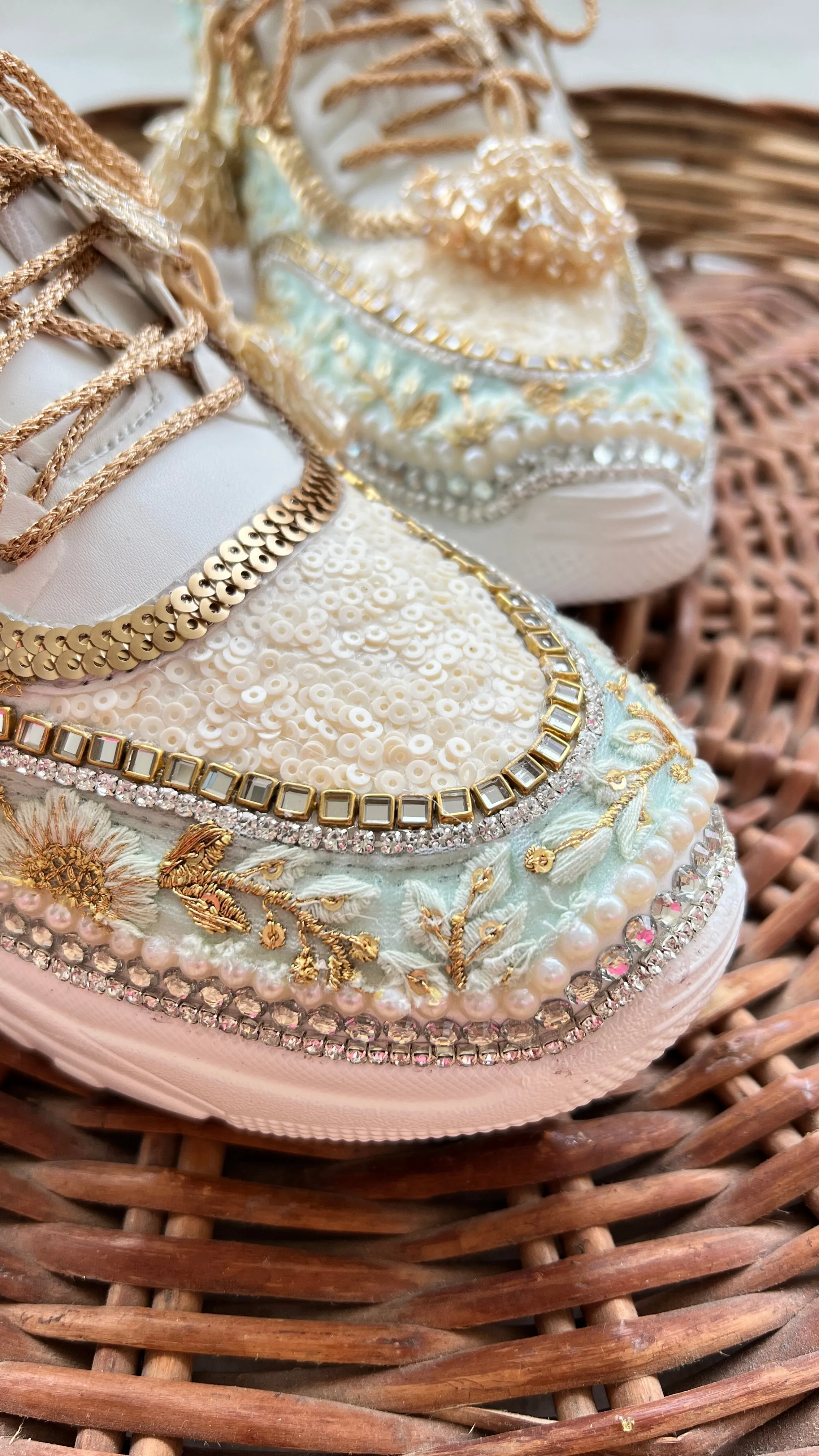 Funky N Trendy mint/ off white / ivory embroidery work bridal sneakers/ bridesmaid sneaker / hancrafted sneakers / gold sneakers / golden sneakers/ green sneakers